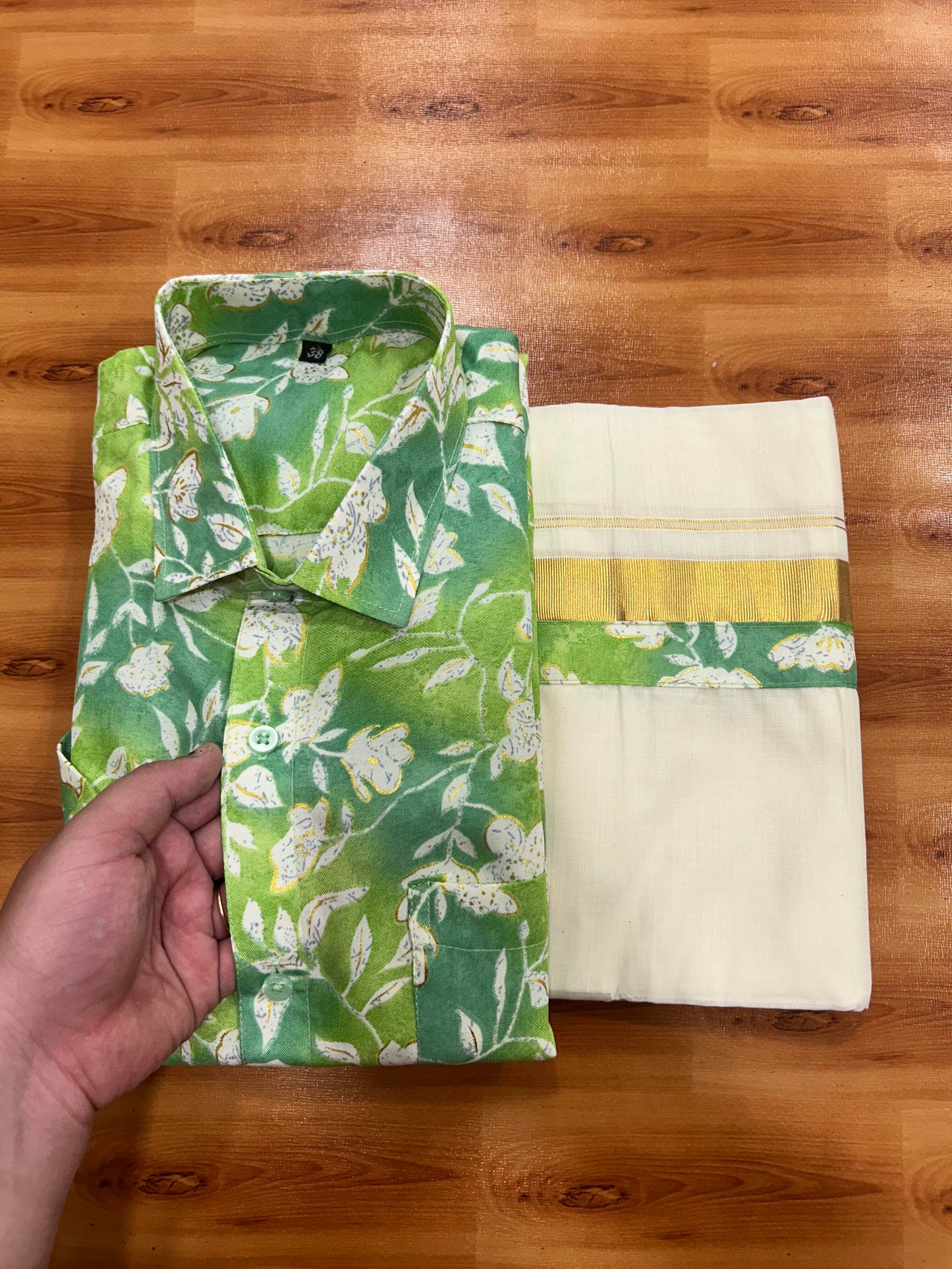 Combo Shirt Mund Mixed cotton - Half Sleeve - KaithariKada - Gold Kasav Green & Parrot Green Flower Printed Design - 4 KK5447 ARU
