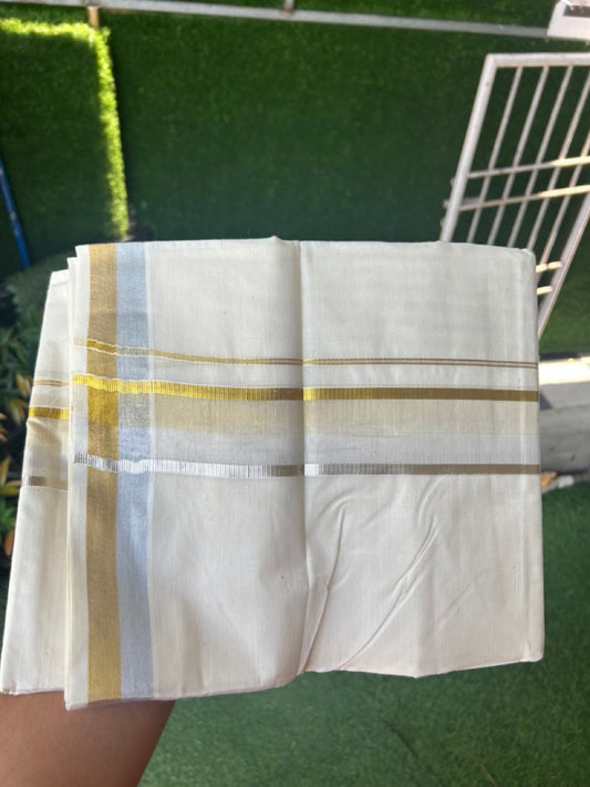 20% DISCOUNT!! KaithariKada Balaramapuram Pure Cotton DOUBLE OFF WHITE - (Ubleached) Mundu/Dhoti - 80x72 - 2 inch KASAVU & SILVER SHADED KARA - 9KK5171GAN