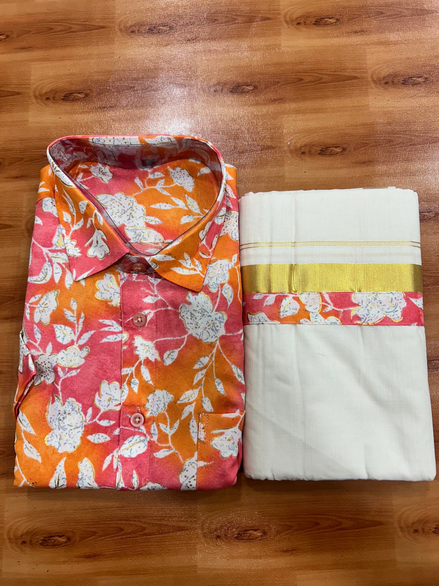 Combo Shirt Mund Mixed cotton - Half Sleeve - KaithariKada - Gold Kasav Peach & Orange Flower Printed Design - 1 KK5447 ARU
