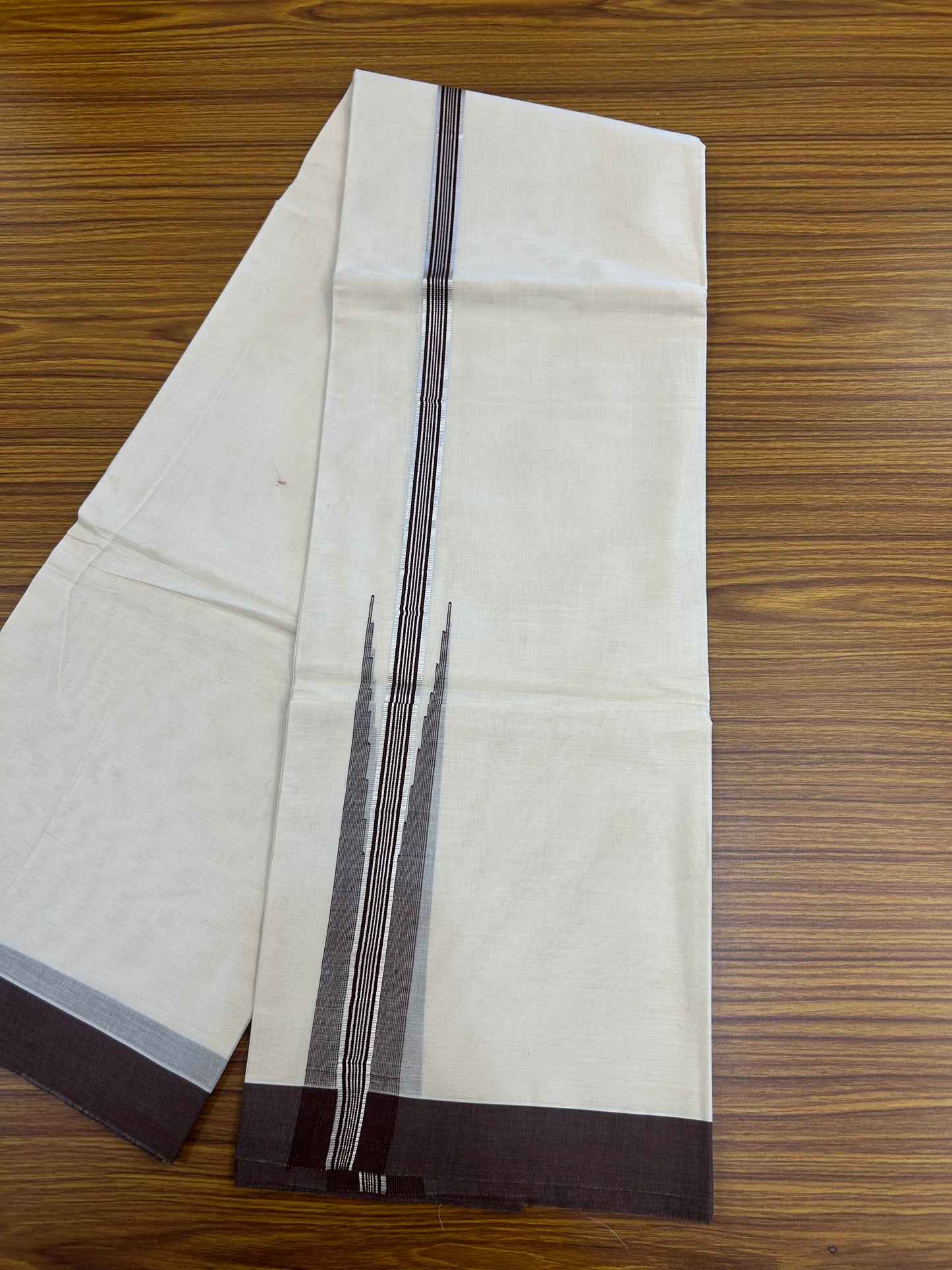 20% Discount ! KaithariKada Balaramapuram 100% Cotton Double Off White (unbleached) Mundu/Dhoti- 100x80- 1.75 inch Puliyilakkara Silver Kasavu & Brown Striped Chutty Kara 4 mtr (8.5 muzham) - 222 KK5361 PMC