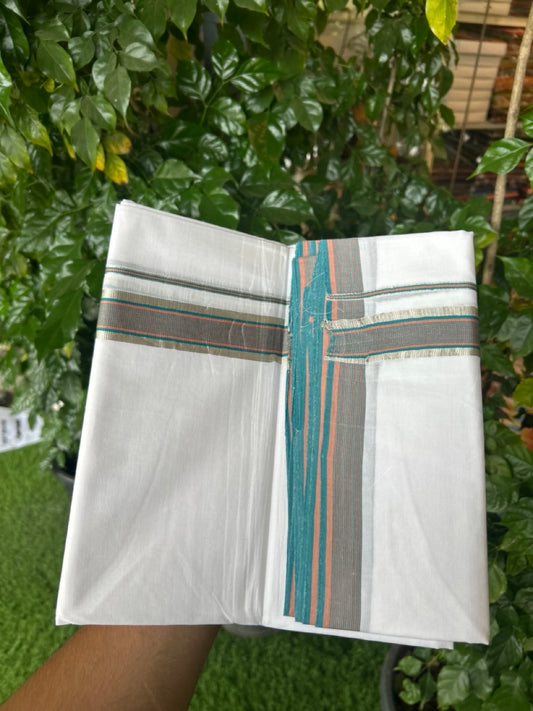 25% Discount!!! KaithariKada Handloom Unakkupaav Balaramapuram - 100% Pure Cotton Pure White Double Mundu/Dhoti - 80x90 - 1.25 inch Silver Kasav Brown & Peacock Blue striped kara 4 Mtr (8.5 Muzham) - 18 KK5263 YAR