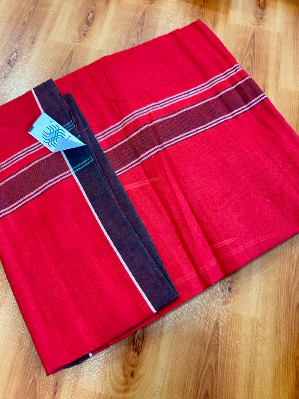 Red Lungi Handloom - KaithariKada Kerala Handloom Single Mundu/Dhoti - Mixed Cotton 2/60x40s Thread - Red Body 1.25 inch Black White Striped Kara - 1 KK8073 KAL