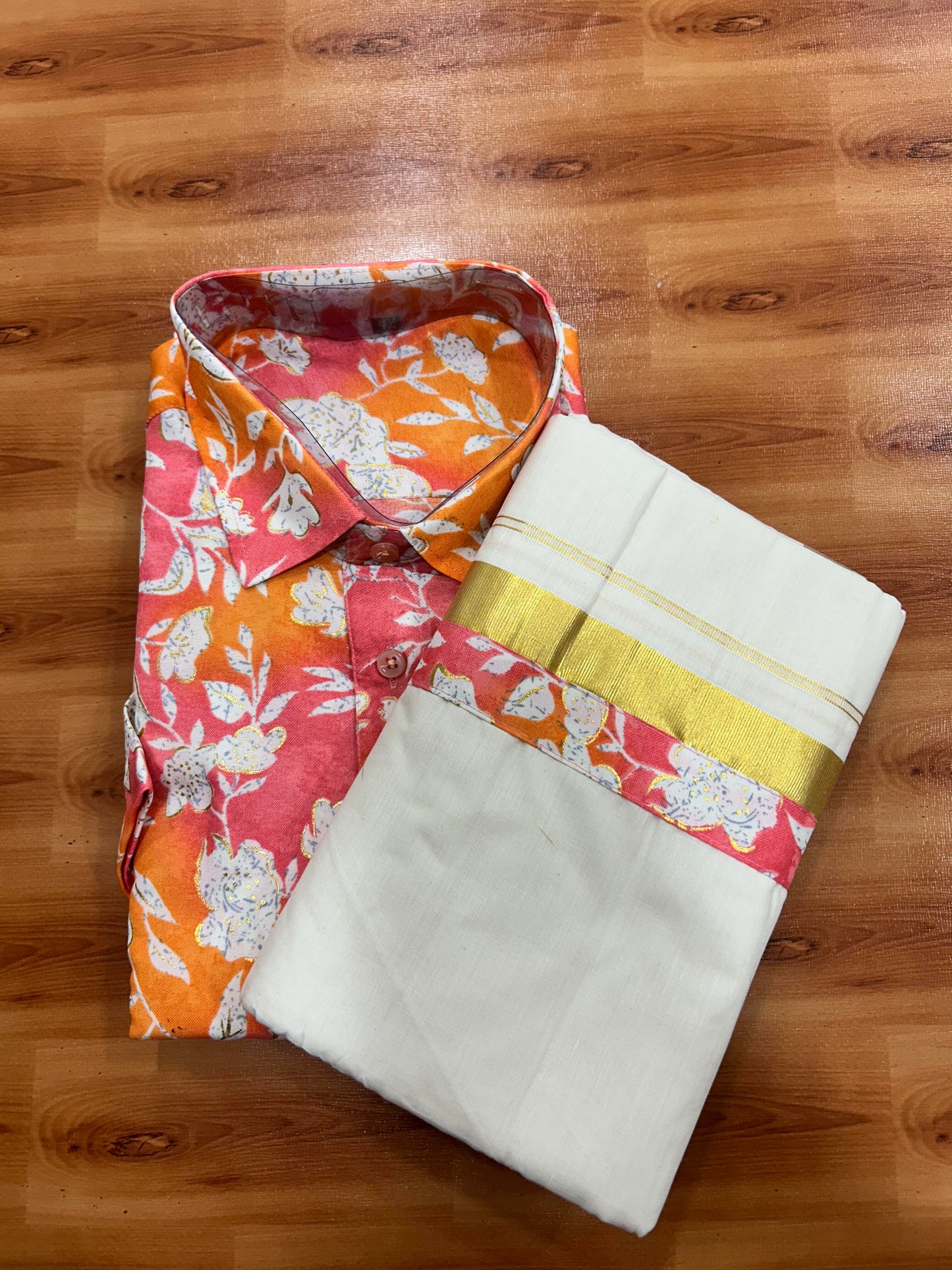 Combo Shirt Mund Mixed cotton - Half Sleeve - KaithariKada - Gold Kasav Peach & Orange Flower Printed Design - 1 KK5447 ARU