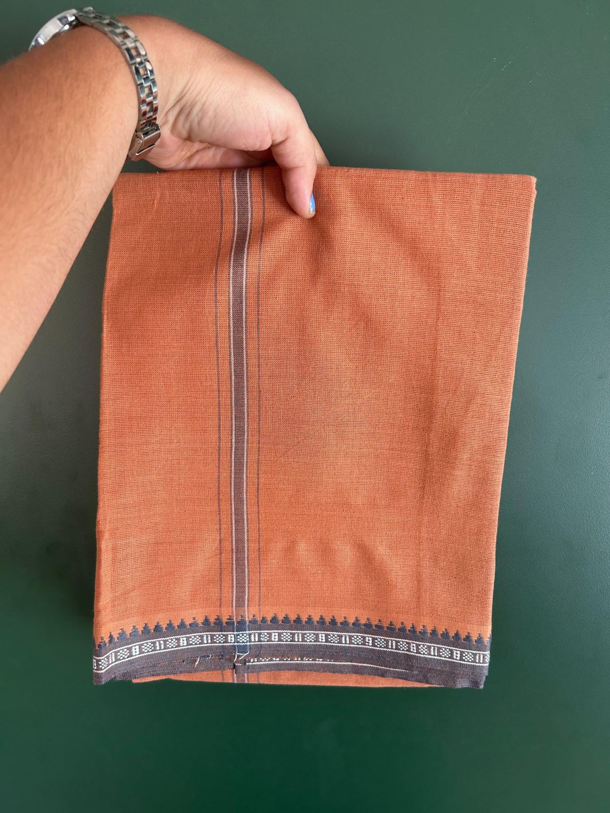 Premium Kathar Type Kavi Mund Pure cotton - Kaitharikada - Single Kaily / Lungi - 1 inch White & Ash Grey Striped kara kuppadam Border with Kavi colour body (2 meter / 4 muzham) - 9 KK8079 MUT