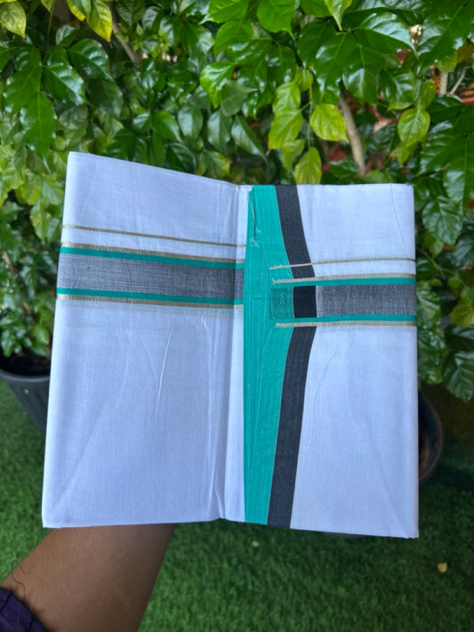 20% Discount!!! KaithariKada Balaramapuram  Double PURE WHITE RAINBOW  Mundu/Dhoti - 80X90 - 1.5 inch Black & Dark Turquoise Green Silver Striped Designer Kara 3.85 mtr (8 muzham)- 31KK5224 ASH