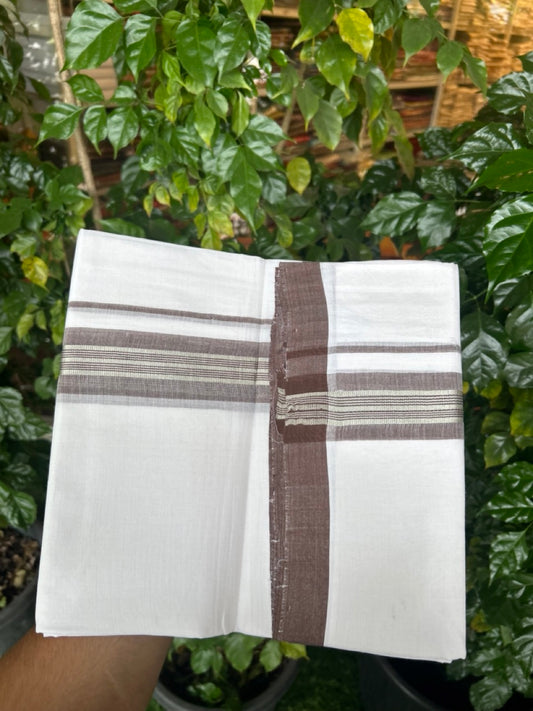 KaithariKada Handloom Millpaav Balaramapuram - 100% Pure Cotton Double Mundu/Dhoti Pure white - 80x90 - 1.75 inch Silver Kasav & Brown Striped Kara 4 mtr (8.5 Muzham) - 21 KK5263 YAR