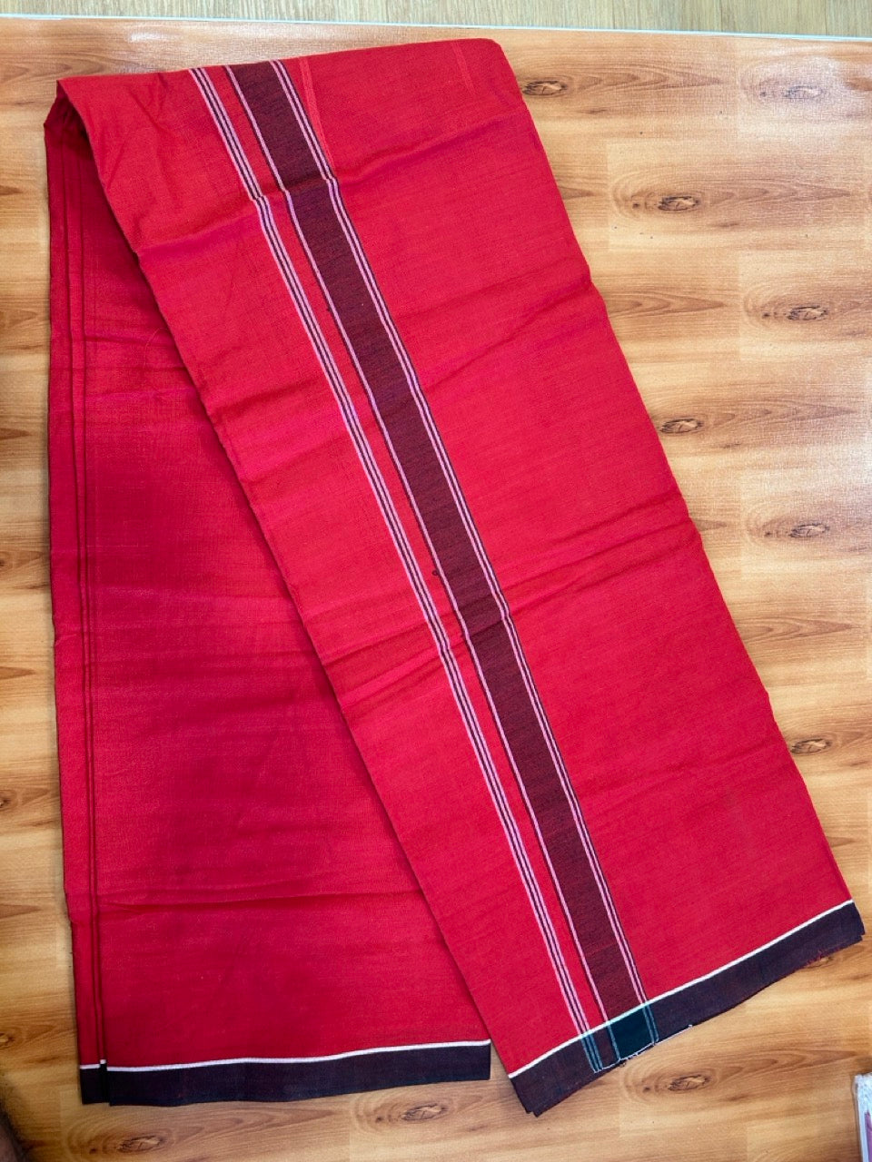 Red Lungi Handloom - KaithariKada Kerala Handloom Single Mundu/Dhoti - Mixed Cotton 2/60x40s Thread - Red Body 1.25 inch Black White Striped Kara - 1 KK8073 KAL