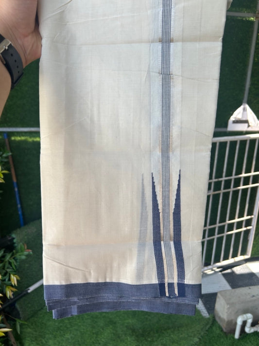 15% DISCOUNT ! KaithariKada Balaramapuram 100% Cotton DOUBLE OFF WHITE Mundu/Dhoti (Unbleached)  - 100X80 - 1.25 inch Puliyilakkara NAVY BLUE SILVER Big chutty - 19KK5171GAN