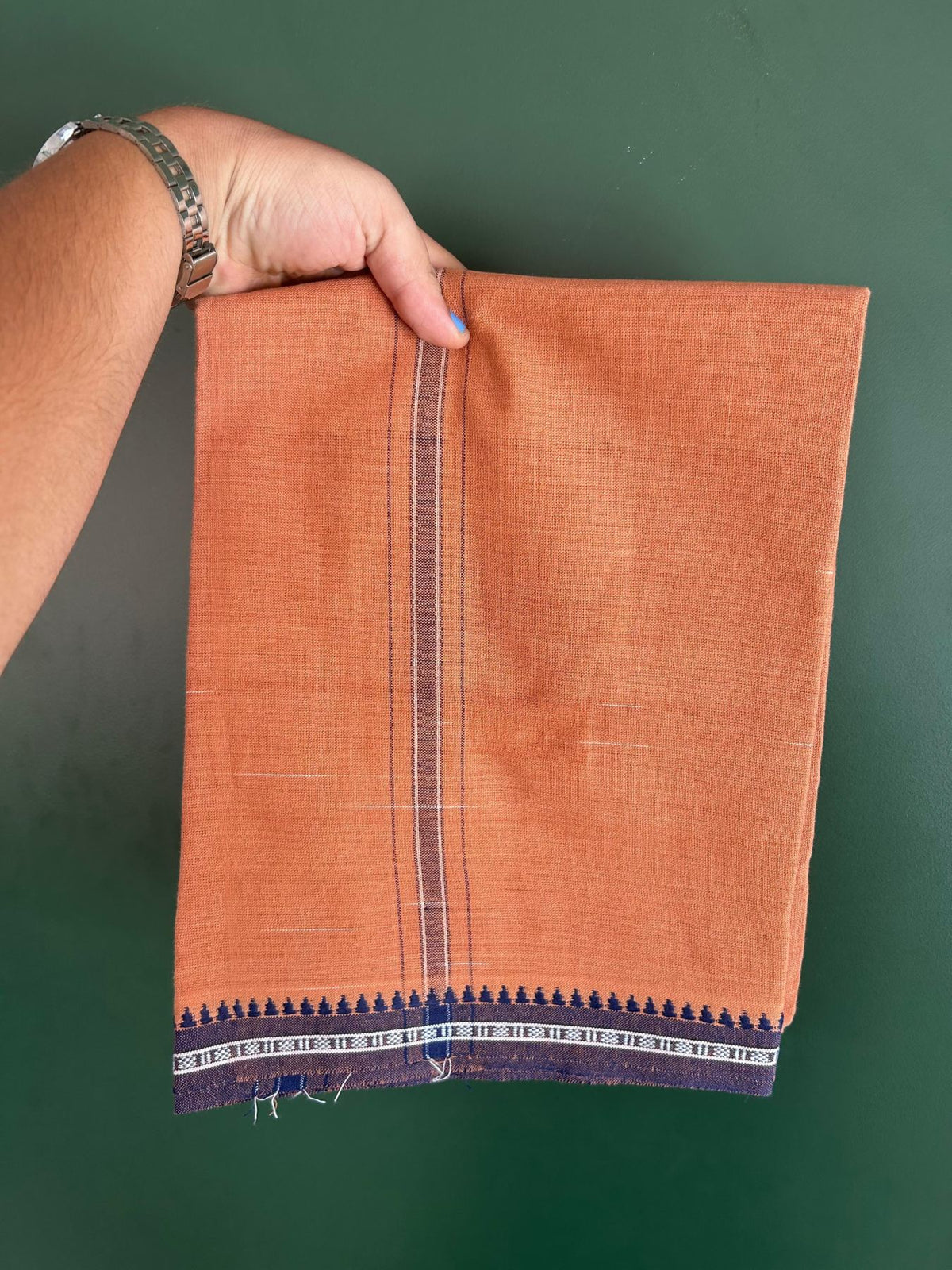 Premium Kathar Type Kavi Mund Pure cotton - Kaitharikada - Single Kaily / Lungi - 1 inch White & Navy Blue Striped kara kuppadam Border with Kavi colour body (2 meter / 4 muzham) - 8 KK8079 MUT