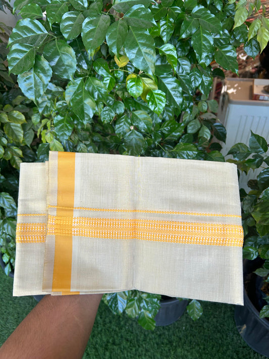 Single Tissue - KaithariKada Balaramapuram Tissue Single Dhoti/Mund Mixed Cotton - 70x30 - 1.25 inch Light Gold Kasav & Light Yellow Stripes Kara (2 meter / 4 muzham)  - 212 KK5361 PMC