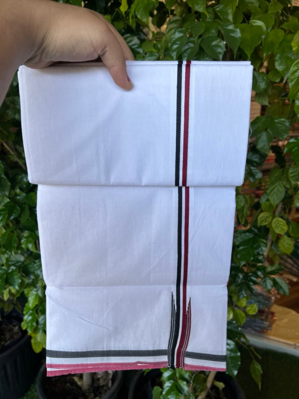 ADMK VESHTI - 20% DISCOUNT! KaithariKada 100% Cotton PURE WHITE Double Mundu/Dhoti - 100X100 - 1.25 inch Black White & Maroon Striped Wings Chutty kara 4 mtr (8.5 muzham)  - 35KK5224 ASH