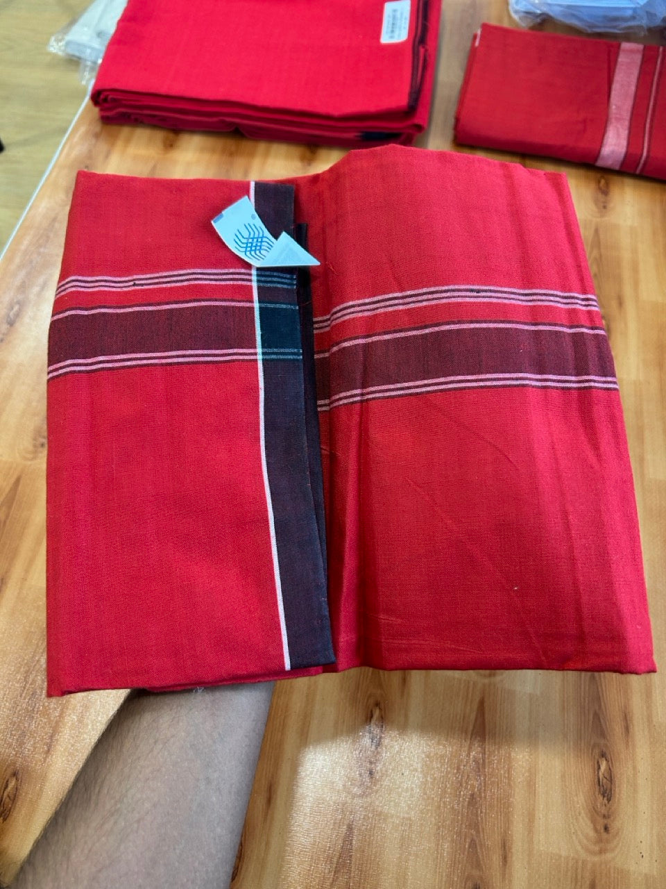 Red Lungi Handloom - KaithariKada Kerala Handloom Single Mundu/Dhoti - Mixed Cotton 2/60x40s Thread - Red Body 1.25 inch Black White Striped Kara - 1 KK8073 KAL