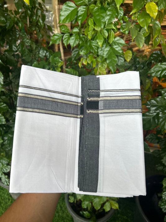 KaithariKada Handloom Millpaav Balaramapuram - 100% Pure Cotton Double Mundu/Dhoti Pure white - 80x90 - 1.5 inch Silver Kasav & Black Design Kara 4 mtr (8.5 Muzham) - 20 KK5263 YAR