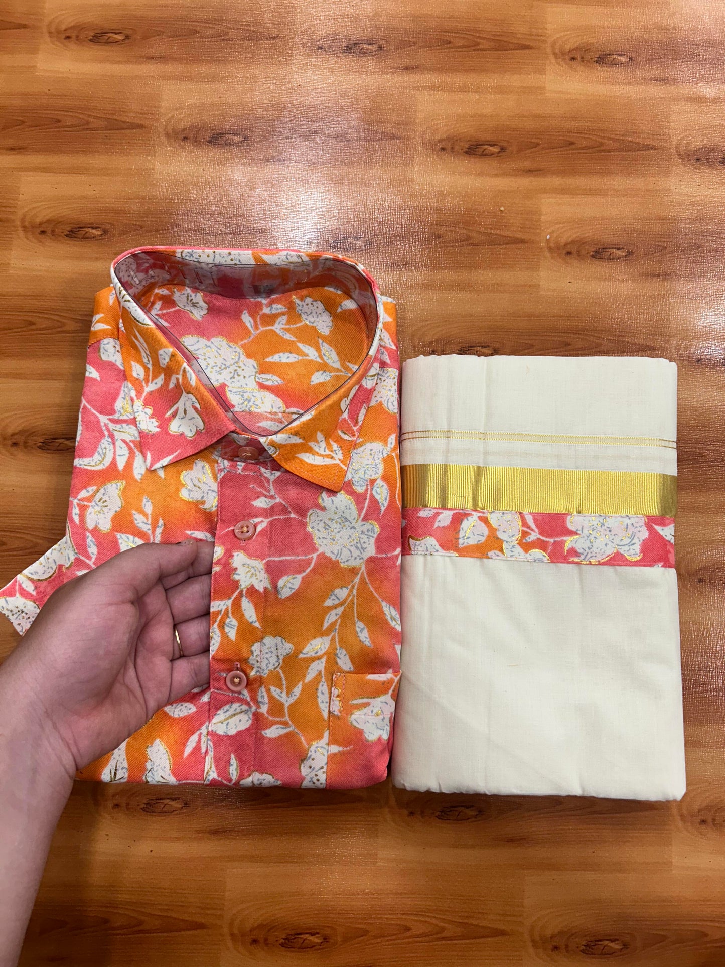 Combo Shirt Mund Mixed cotton - Half Sleeve - KaithariKada - Gold Kasav Peach & Orange Flower Printed Design - 1 KK5447 ARU