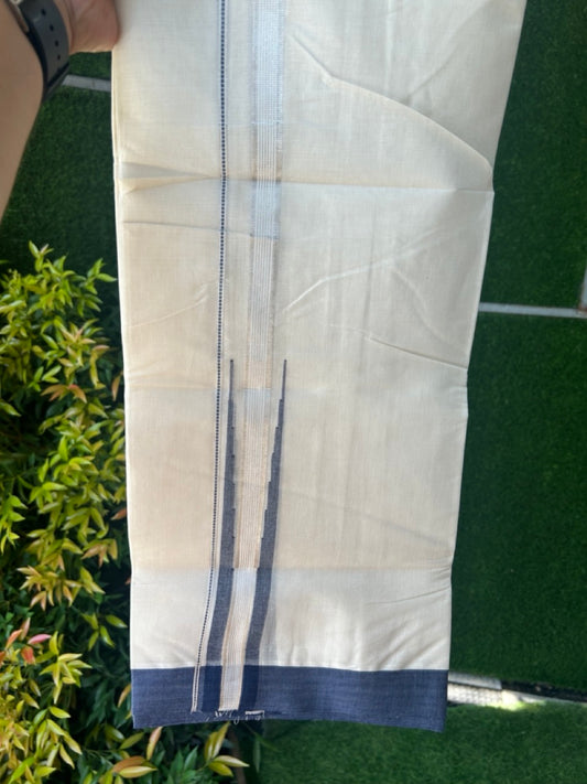 15% DISCOUNT ! KaithariKada Balaramapuram 100% Cotton DOUBLE OFF WHITE Mundu/Dhoti (Unbleached)  - 100X80 - 0.75 inch Puliyilakkara NAVY BLUE SILVER Big chutty - 18KK5171GAN