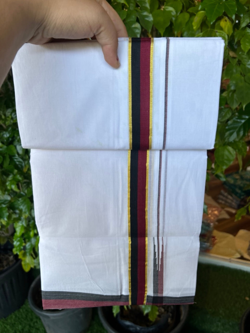 DMK Veshti - 20% Discount !! KaithariKada Balaramapuram Double PURE WHITE Mundu/Dhoti - 100X100 - 1.25 inch Puliyilakkara Kasavu Maroon & Black Chutty Kara 4 mtr (8.5 muzham) - 33KK5224 ASH