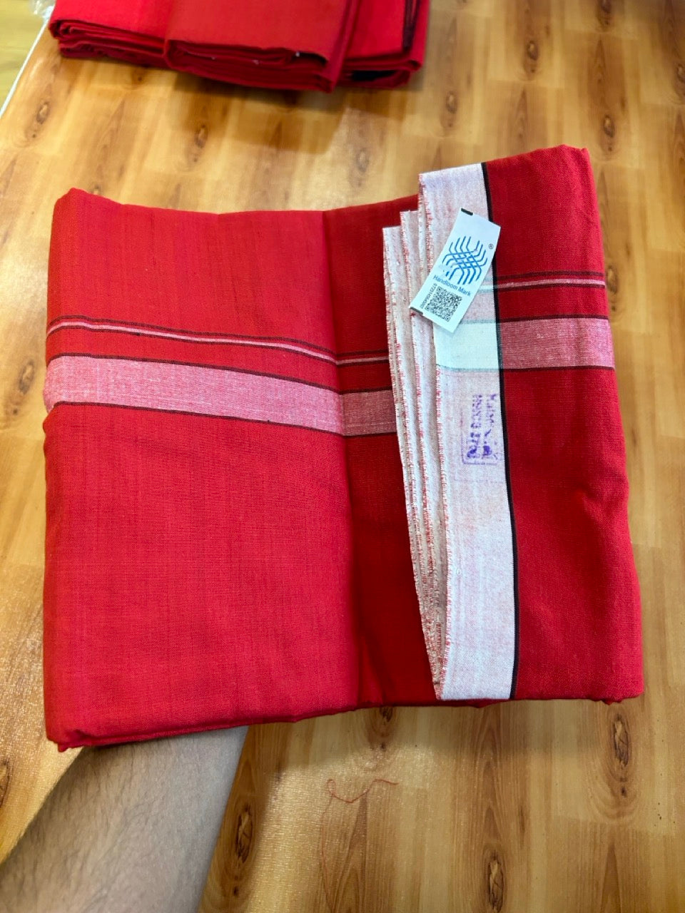Red Lungi Handloom - KaithariKada Kerala Handloom Single Mundu/Dhoti - Mixed Cotton 2/60x40s Thread - Red Body 1 inch Black White Striped Kara - 2 KK8073 KAL