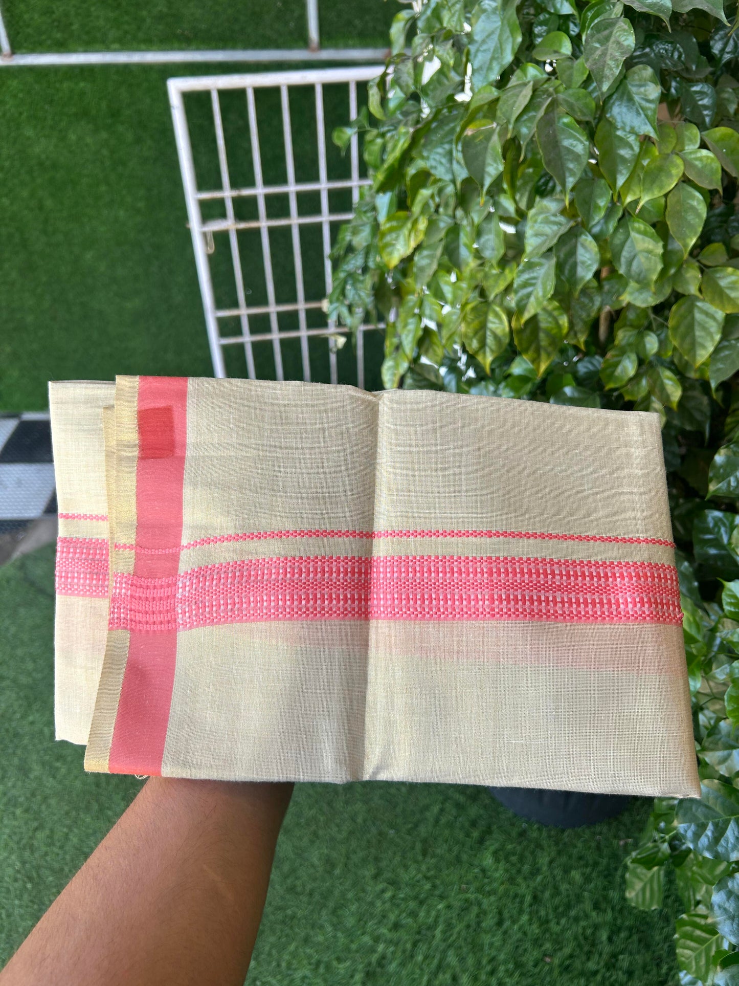 Single Tissue - KaithariKada Balaramapuram Tissue Single Dhoti/Mund Mixed Cotton - 70x30 - 1.25 inch Gold Kasav & Pink Stripes Kara (2 meter / 4 muzham)  - 209 KK5361 PMC