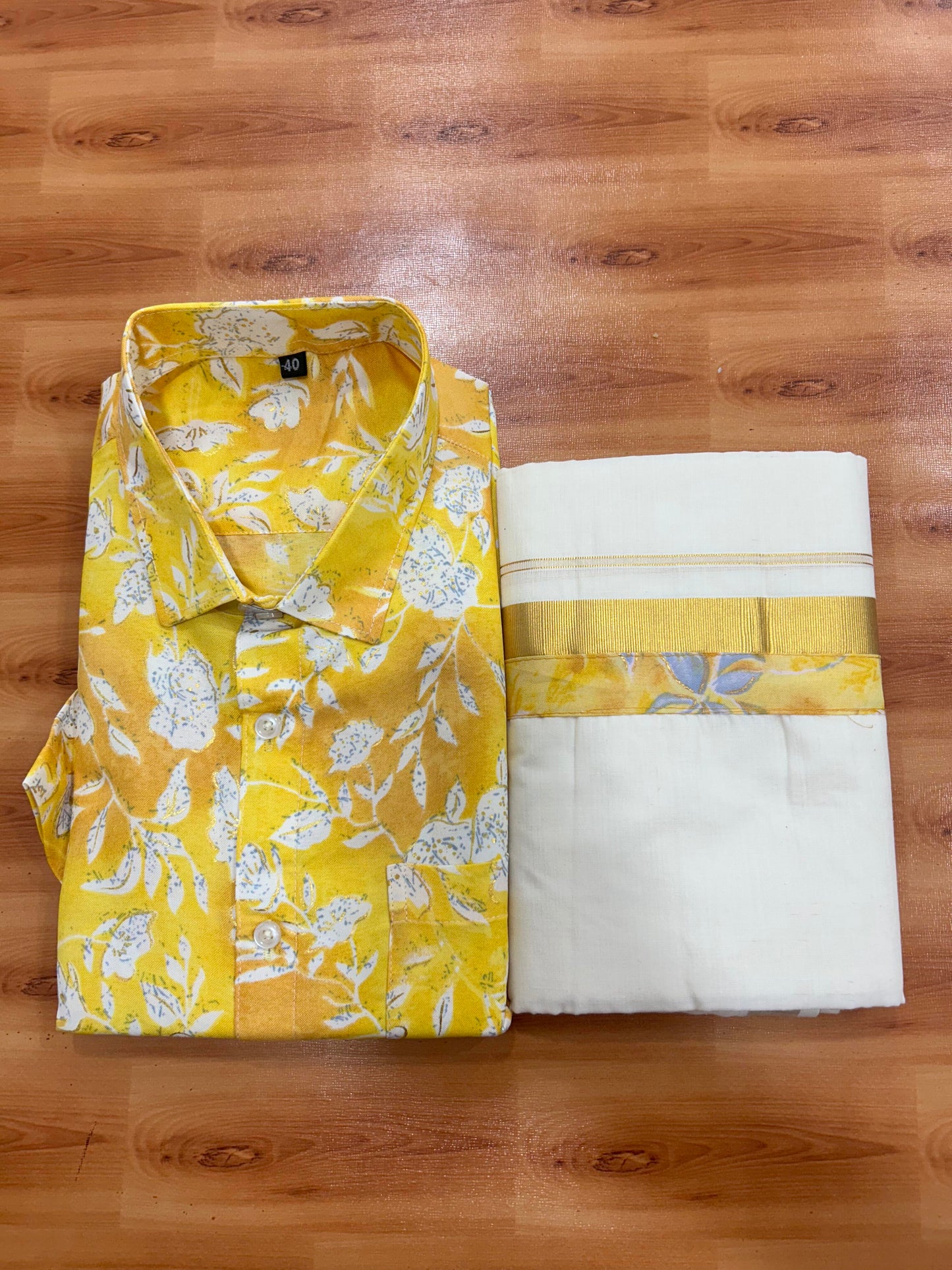 Combo Shirt Mund Mixed cotton - Half Sleeve - KaithariKada - Gold Kasav Orange & Yellow Flower Printed Design - 3 KK5447 ARU
