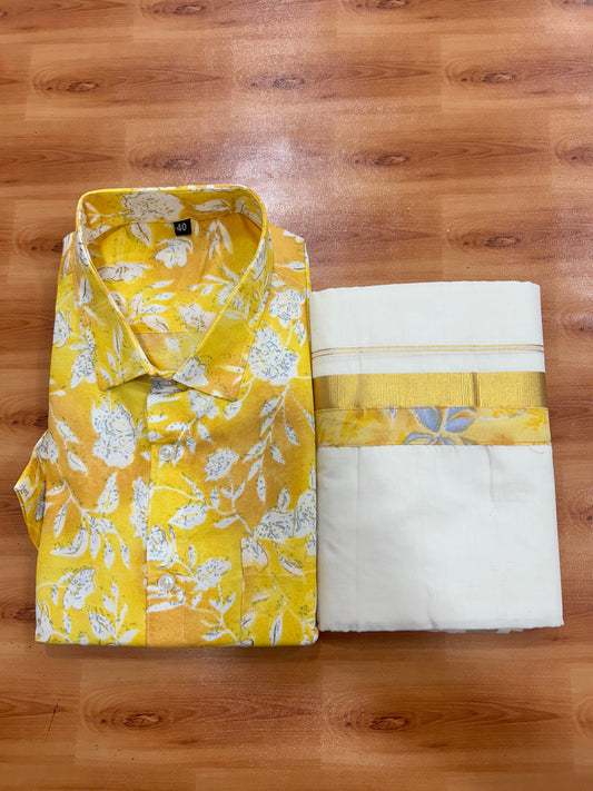 Combo Shirt Mund Mixed cotton - Half Sleeve - KaithariKada - Gold Kasav Orange & Yellow Flower Printed Design - 3 KK5447 ARU