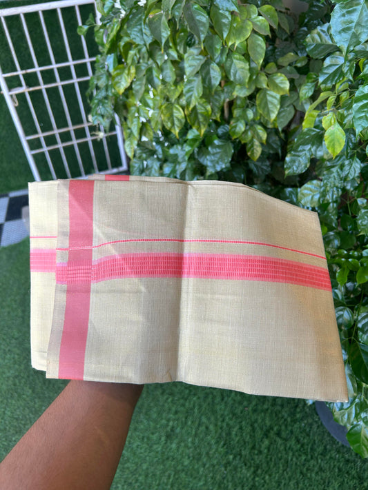 Single Tissue - KaithariKada Balaramapuram Tissue Single Dhoti/Mund Mixed Cotton - 70x30 - 1.25 inch Gold Kasav & Pink Stripes Kara (2 meter / 4 muzham)  - 206 KK5361 PMC