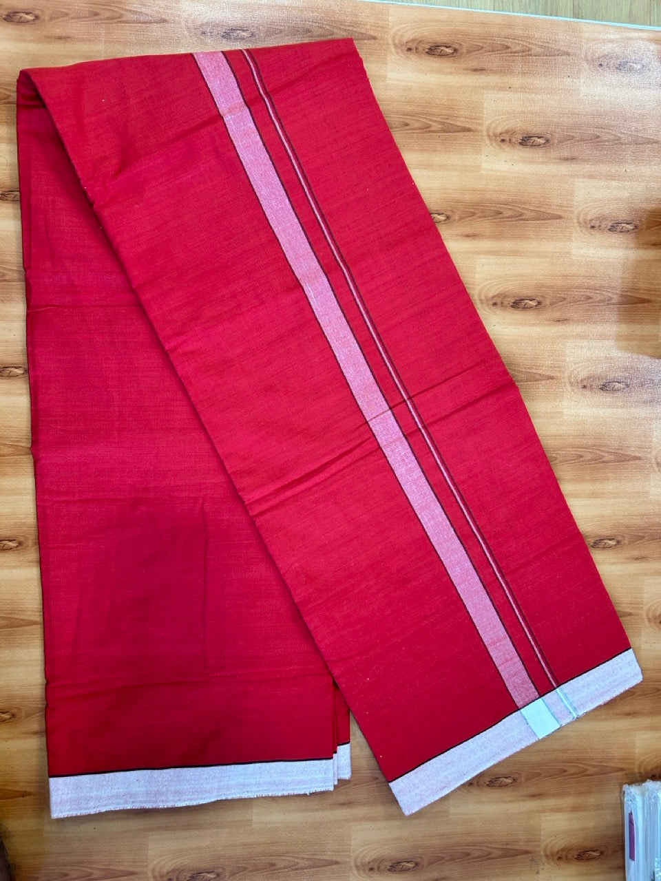 Red Lungi Handloom - KaithariKada Kerala Handloom Single Mundu/Dhoti - Mixed Cotton 2/60x40s Thread - Red Body 1 inch Black White Striped Kara - 2 KK8073 KAL