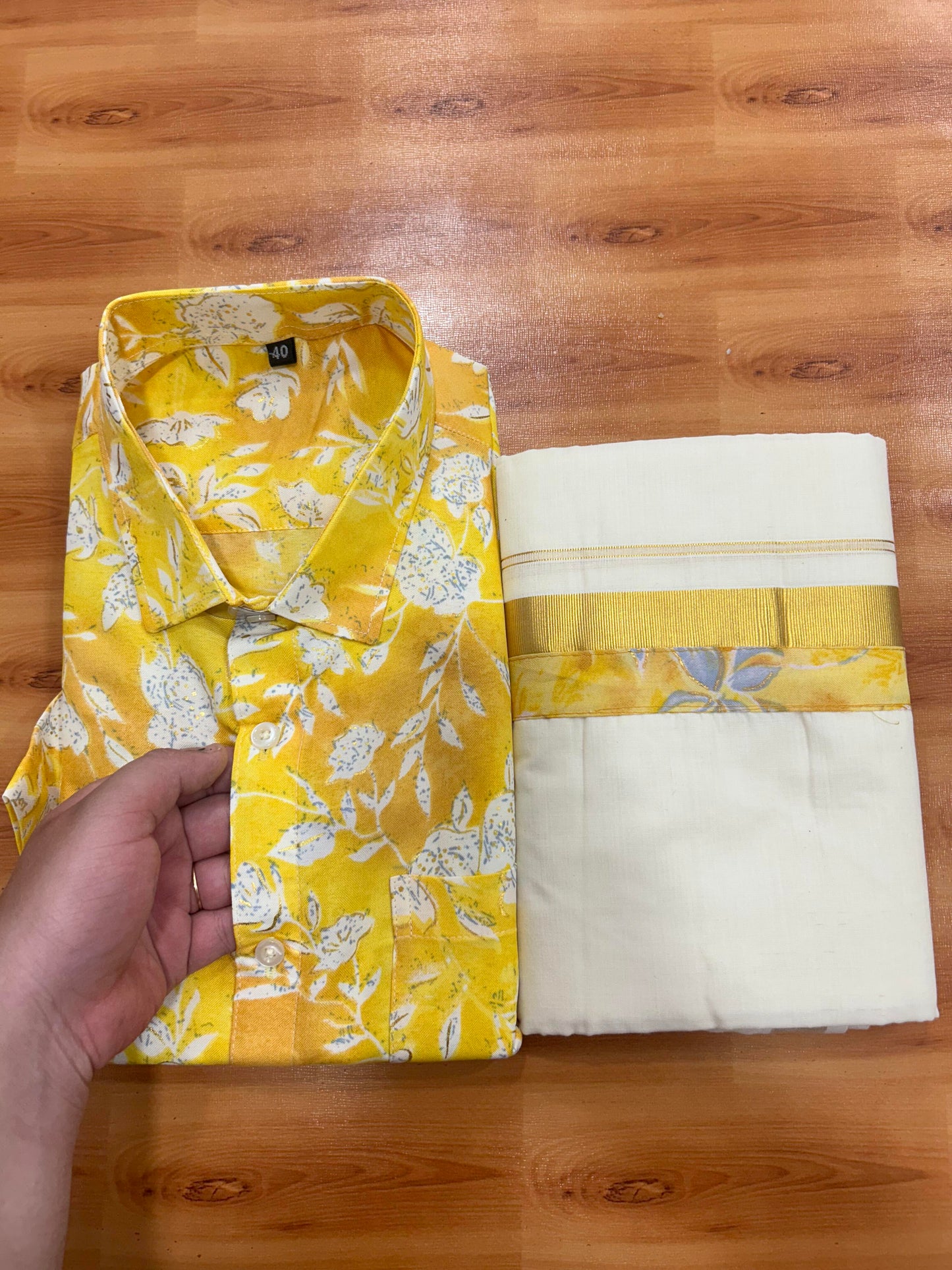 Combo Shirt Mund Mixed cotton - Half Sleeve - KaithariKada - Gold Kasav Orange & Yellow Flower Printed Design - 3 KK5447 ARU