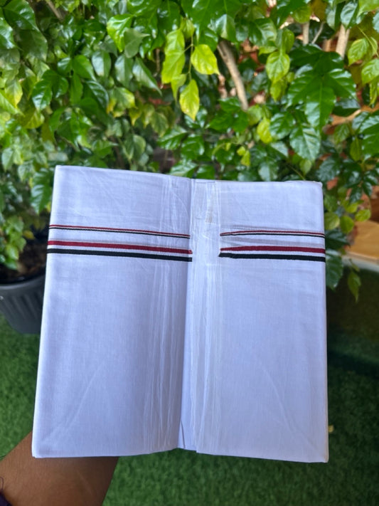 ADMK VESHTI - 20% DISCOUNT! KaithariKada 100% Cotton PURE WHITE Double Mundu/Dhoti - 100X100 - 0.5 inch Black White & Maroon kara 4 mtr (8.5 muzham) - 36KK5224 ASH