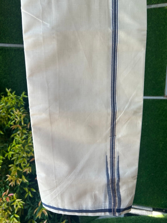 20% DISCOUNT!! KaithariKada Balaramapuram Pure Cotton DOUBLE OFF WHITE - (Unbleached) - Mundu/Dhoti - 100x80 - 0.5 inch Puliyilakkara Navy Blue - Muthukuri Silver Kasavu Chutty - 17KK5171GAN