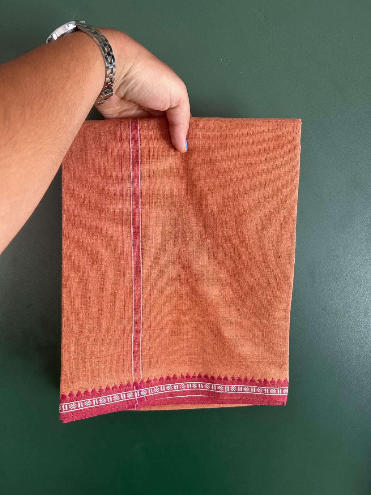 Premium Kathar Type Kavi Mund Pure cotton - Kaitharikada - Single Kaily / Lungi - 1 inch White & Dusty Pink Striped kara kuppadam Border with Kavi colour body (2 meter / 4 muzham) - 5 KK8079 MUT