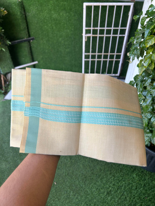 Single Tissue - KaithariKada Balaramapuram Tissue Single Dhoti/Mund Mixed Cotton - 70x30 - 1.25 inch Gold Kasav & Turquoise Stripes Kara (2 meter / 4 muzham)  - 213 KK5361 PMC