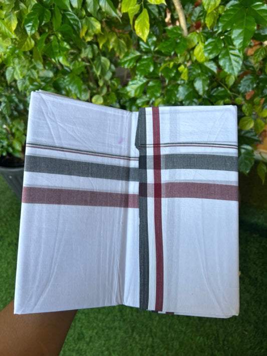 ADMK VESHTI - 20% DISCOUNT! KaithariKada 100% Cotton PURE WHITE Double Mundu/Dhoti - 100X100 - 2 inch Black White & Maroon kara 4 mtr (8.5 muzham) - 37KK5224 ASH