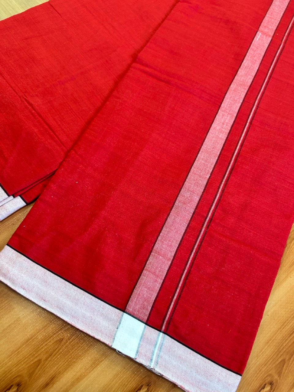 Red Lungi Handloom - KaithariKada Kerala Handloom Single Mundu/Dhoti - Mixed Cotton 2/60x40s Thread - Red Body 1 inch Black White Striped Kara - 2 KK8073 KAL