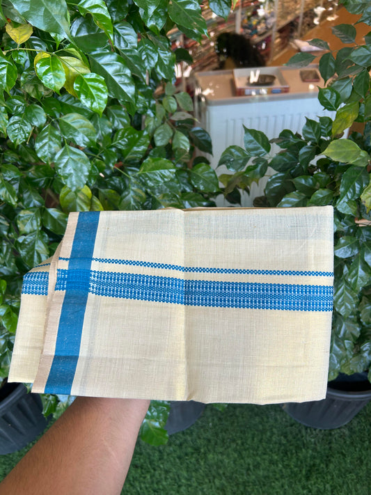 Single Tissue - KaithariKada Balaramapuram Tissue Single Dhoti/Mund Mixed Cotton - 70x30 - 1.25 inch Gold Kasav & Blue Stripes Kara (2 meter / 4 muzham)  - 207 KK5361 PMC
