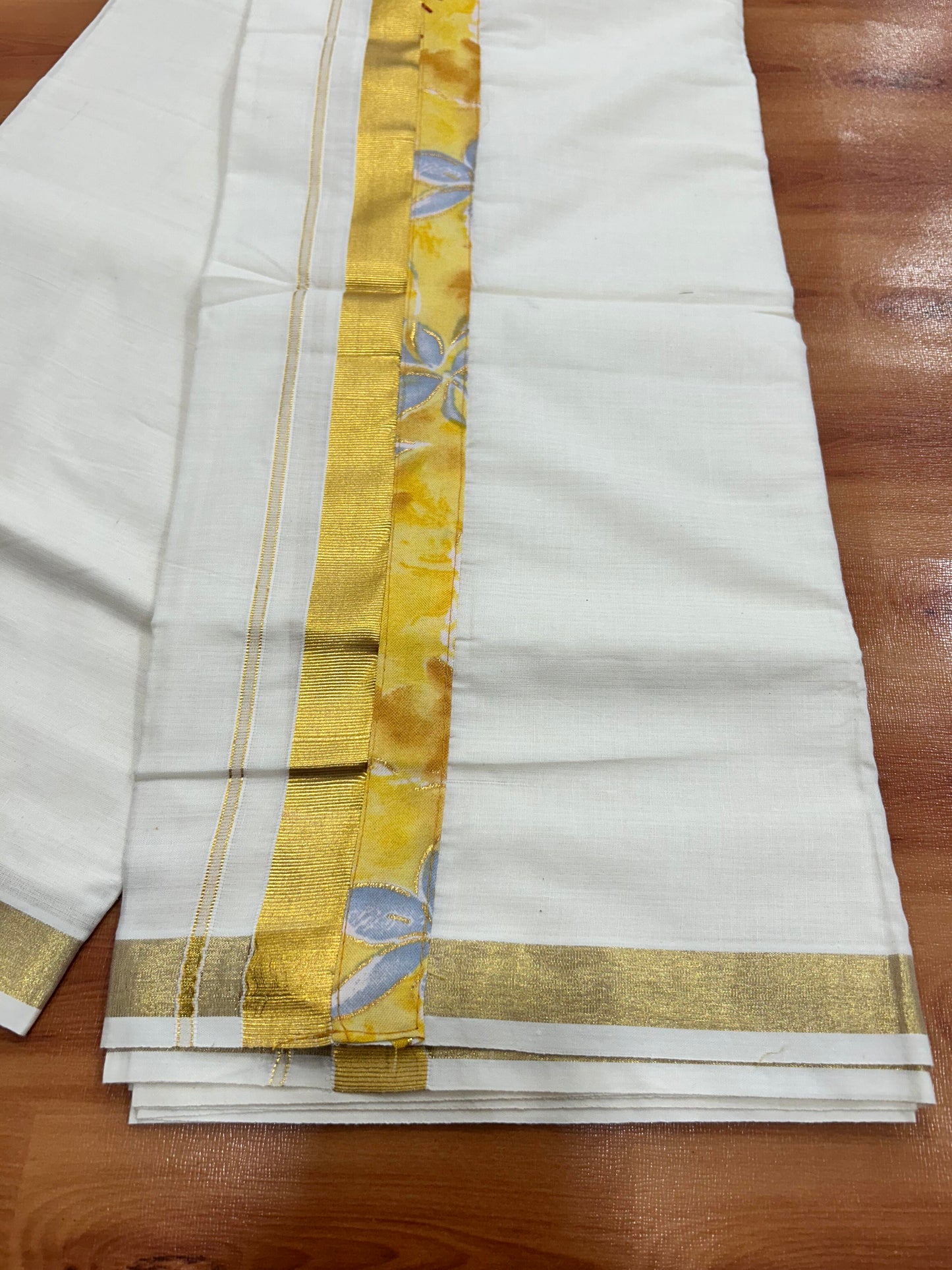 Combo Shirt Mund Mixed cotton - Half Sleeve - KaithariKada - Gold Kasav Orange & Yellow Flower Printed Design - 3 KK5447 ARU