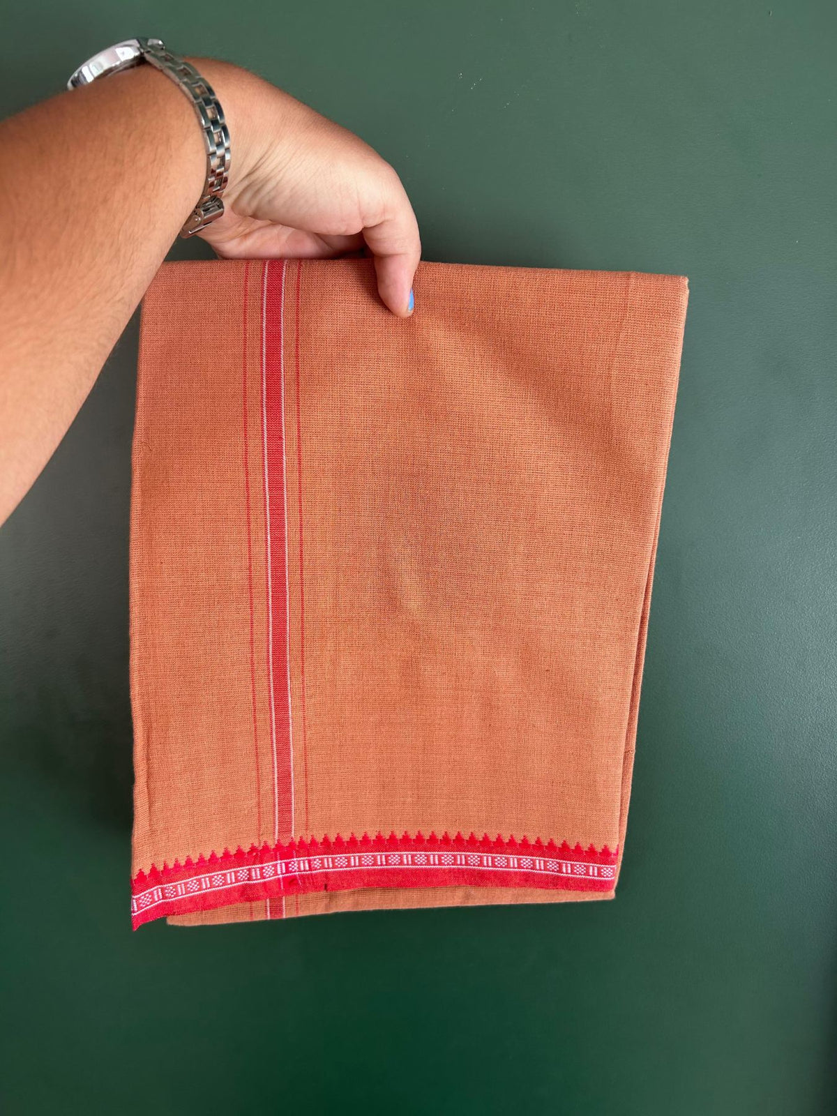 Premium Kathar Type Kavi Mund Pure cotton - Kaitharikada - Single Kaily / Lungi - 1 inch White & Red Striped kara kuppadam Border with Kavi colour body (2 meter / 4 muzham) - 3 KK8079 MUT