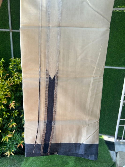 15% DISCOUNT ! KaithariKada Balaramapuram 100% Cotton DOUBLE OFF WHITE Mundu/Dhoti (Unbleached) - 100X80 - 1.25 inch Heavy Chutty Silver Kasavu & Navy Blue - 15KK5171GAN