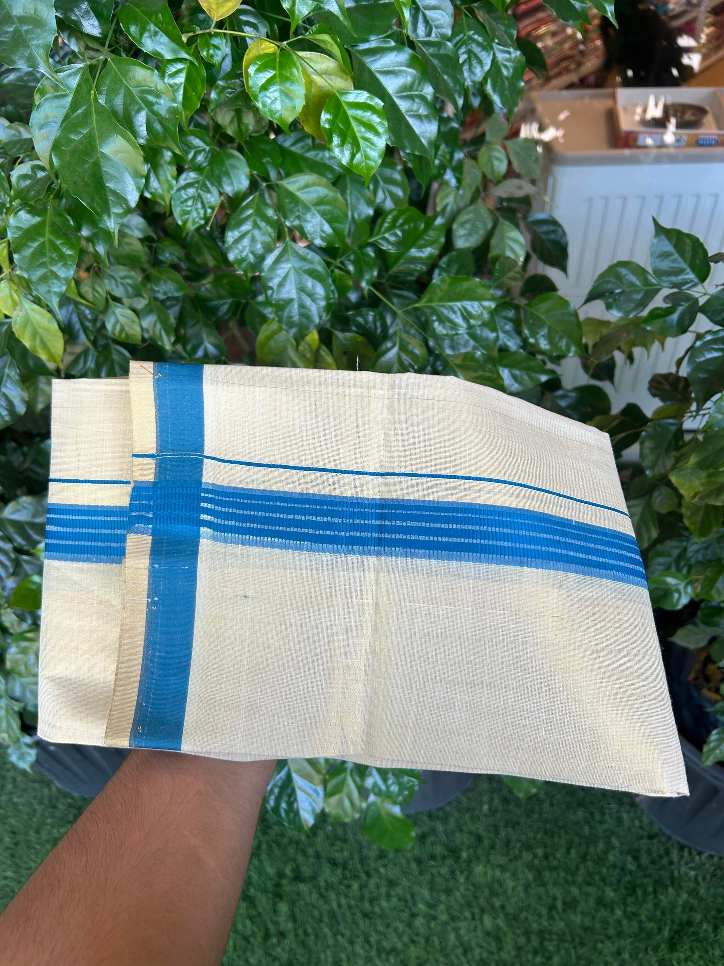 Single Tissue - KaithariKada Balaramapuram Tissue Single Dhoti/Mund Mixed Cotton - 70x30 - 1.75 inch Gold Kasav & Blue Stripes Kara (2 meter / 4 muzham)  - 214 KK5361 PMC