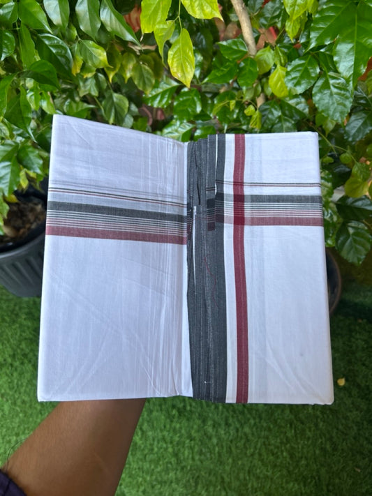 ADMK VESHTI - 20% DISCOUNT! KaithariKada 100% Cotton PURE WHITE Double Mundu/Dhoti - 100X100 - 1.25 inch Black White & Maroon kara 4 mtr (8.5 muzham) - 42KK5224 ASH