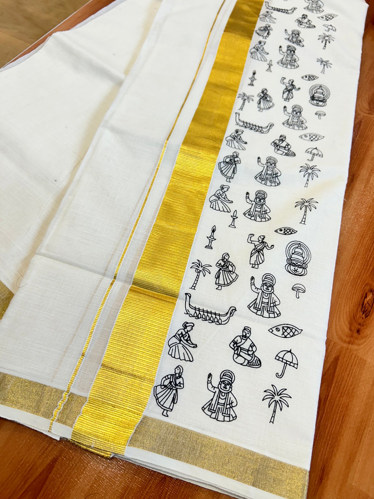 Double Off White - Onam Festival Print - (Unbleached) Dhoti- 20% Discount!! KaithariKada Kerala Kasav Mund Mixed Cotton 60s - 1.5 inch Gold Kasav with Black Printed Design Kara - 6 KK5482 KUT