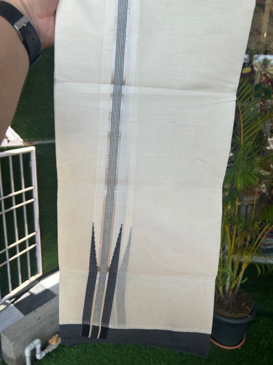 15% DISCOUNT ! KaithariKada Balaramapuram 100% Cotton DOUBLE OFF WHITE Mundu/Dhoti (Unbleached)  - 100X80 - 1.5 inch Puliyilakkara BLACK SILVER Big chutty - 14KK5171GAN