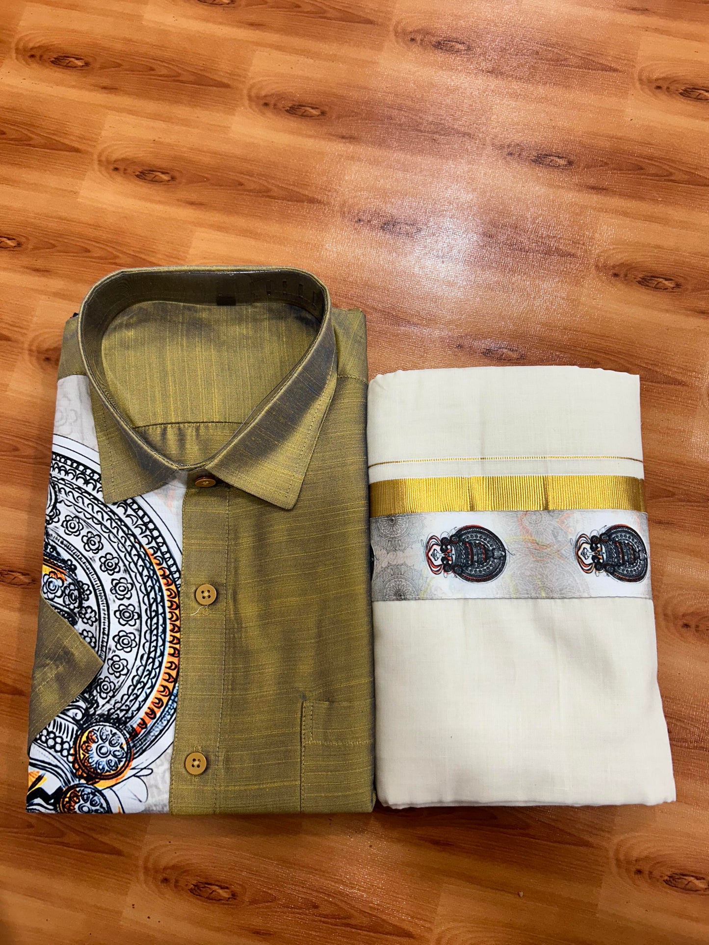 Combo Shirt Mund Mixed cotton - Half Sleeve - KaithariKada - Golden Brown Kadhakali Printed Design - 5 KK5447 ARU