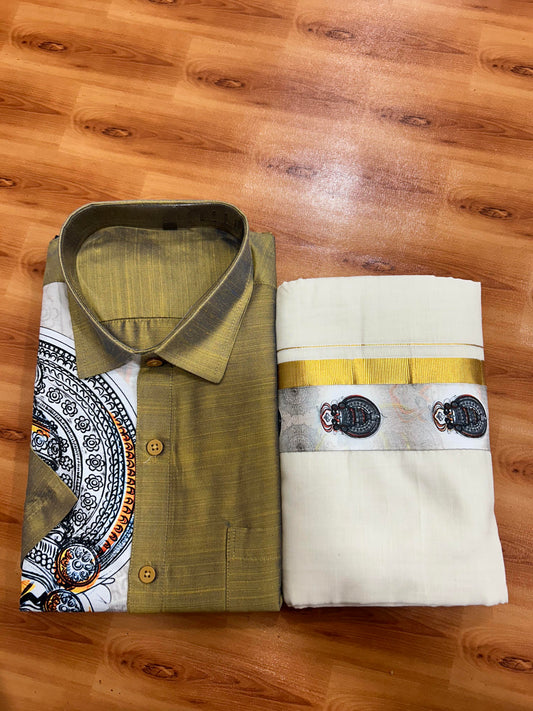 Combo Shirt Mund Mixed cotton - Half Sleeve - KaithariKada - Golden Brown Kadhakali Printed Design - 5 KK5447 ARU