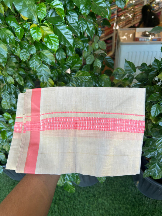 Single Tissue - KaithariKada Balaramapuram Tissue Single Dhoti/Mund Mixed Cotton - 70x30 - 1.25 inch Light Gold Kasav & Pink Stripes Kara (2 meter / 4 muzham)  - 210 KK5361 PMC