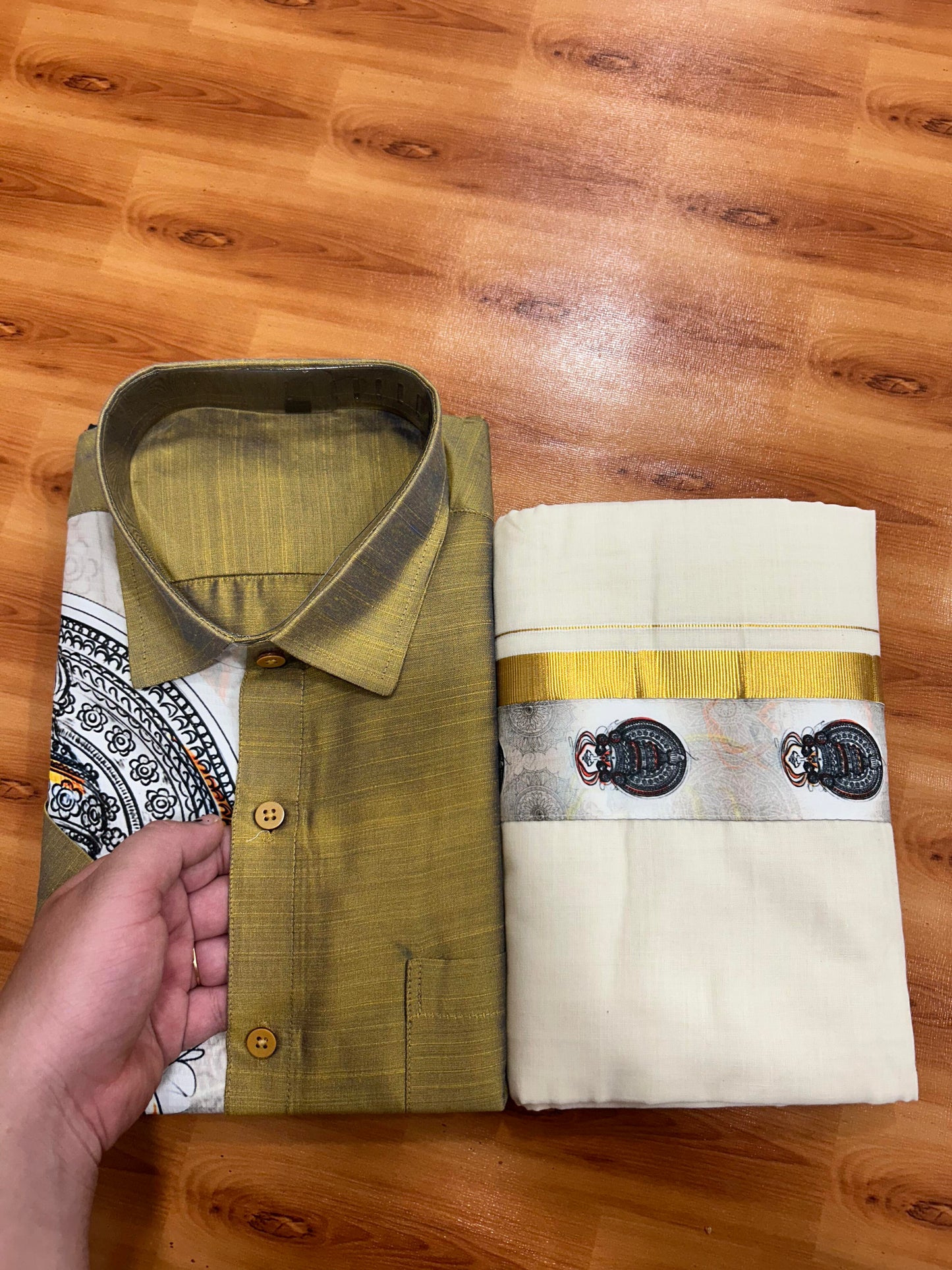 Combo Shirt Mund Mixed cotton - Half Sleeve - KaithariKada - Golden Brown Kadhakali Printed Design - 5 KK5447 ARU
