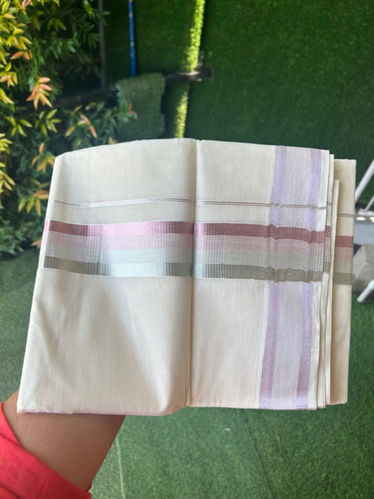 20% DISCOUNT!! KaithariKada Balaramapuram Pure Cotton DOUBLE OFF WHITE - (Ubleached) Mundu/Dhoti - 80x72 - 2 inch ROSE PINK SILVER Stripes Kara - 13KK5171GAN