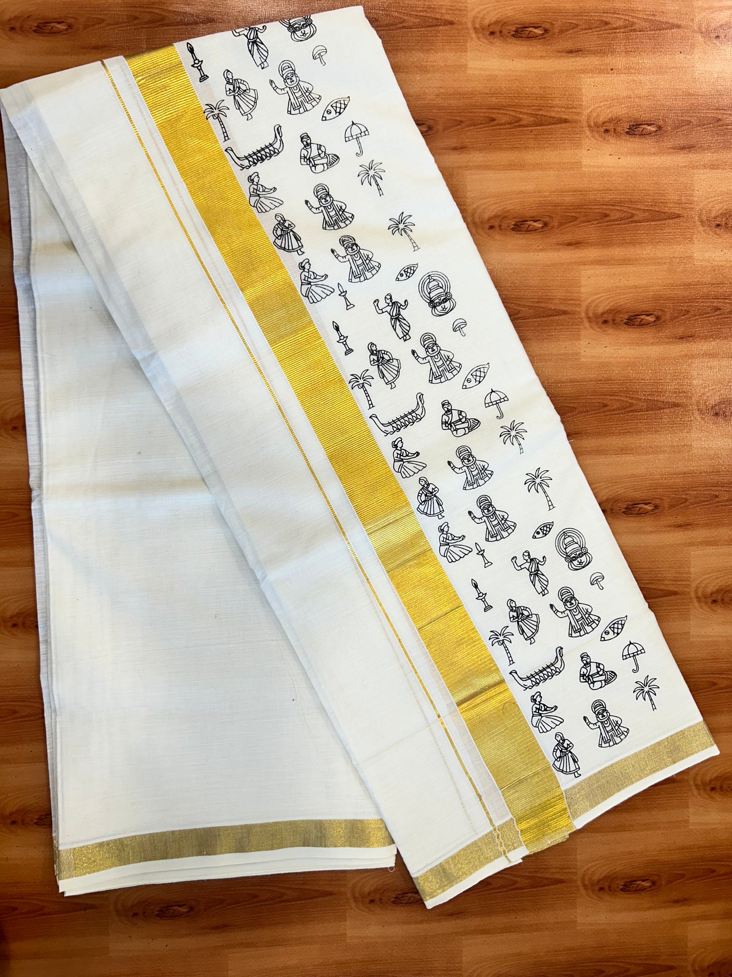 Double Off White - Onam Festival Print - (Unbleached) Dhoti- 20% Discount!! KaithariKada Kerala Kasav Mund Mixed Cotton 60s - 1.5 inch Gold Kasav with Black Printed Design Kara - 6 KK5482 KUT