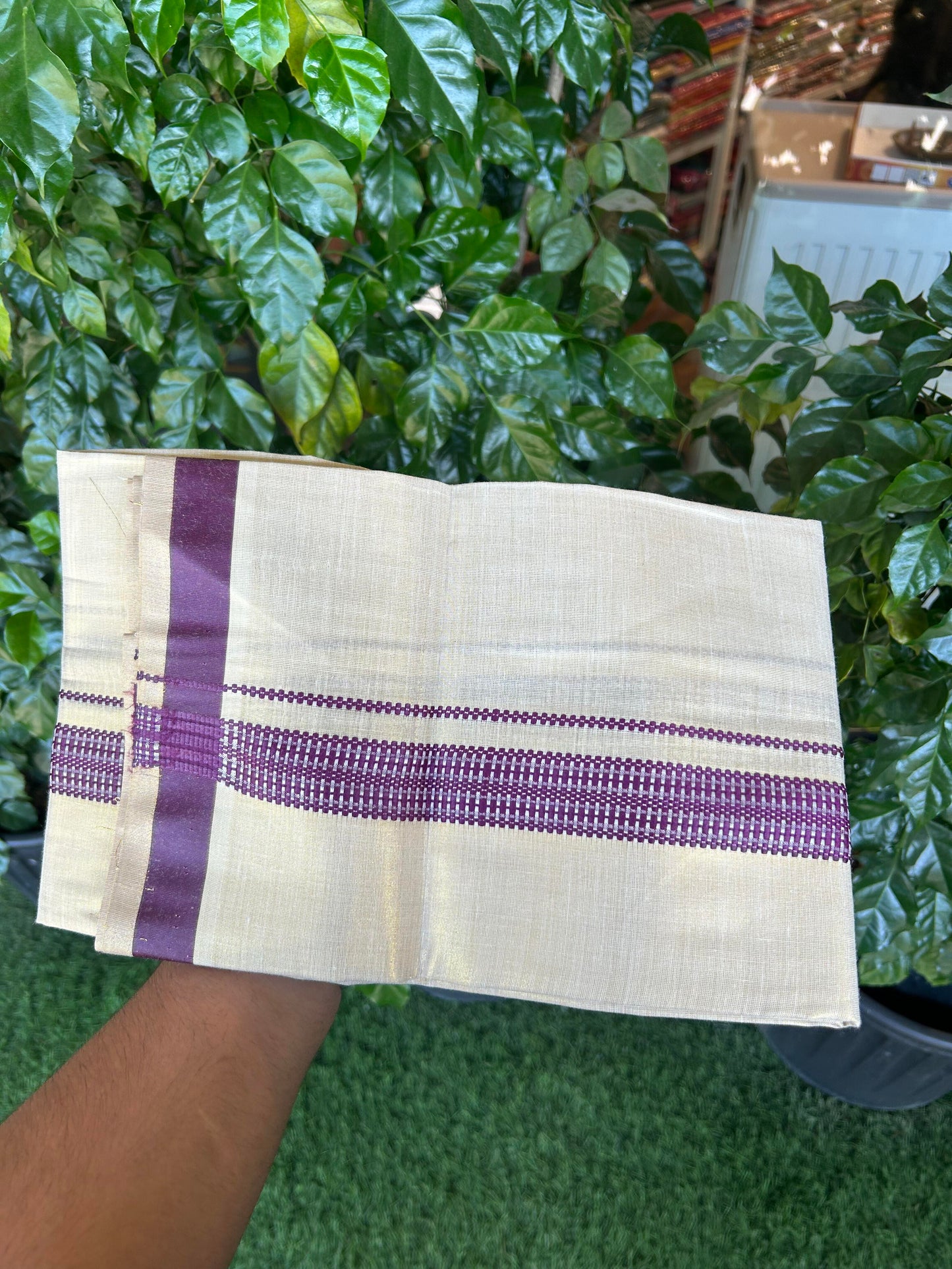 Single Tissue - KaithariKada Balaramapuram Tissue Single Dhoti/Mund Mixed Cotton - 70x30 - 1.25 inch Light Gold Kasav & Wine Stripes Kara (2 meter / 4 muzham)  - 211 KK5361 PMC