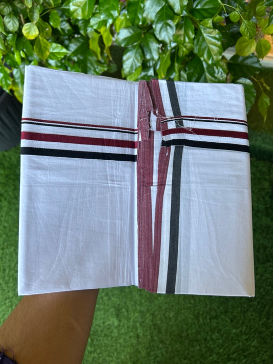 ADMK VESHTI - 20% DISCOUNT! KaithariKada 100% Cotton PURE WHITE Double Mundu/Dhoti - 100X100 - 1 inch Black White & Maroon kara 4 mtr (8.5 muzham) - 2KK5102ASH