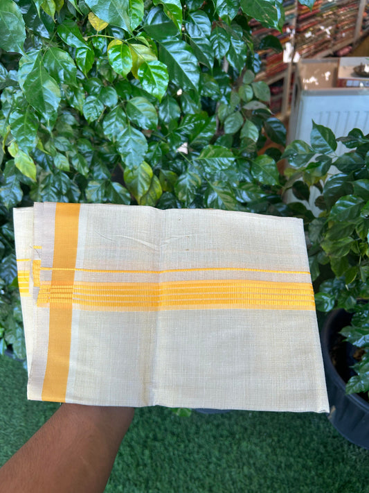 Single Tissue - KaithariKada Balaramapuram Tissue Single Dhoti/Mund Mixed Cotton - 70x30 - 1.25 inch Gold Kasav & Light Yellow Stripes Kara (2 meter / 4 muzham)  - 208 KK5361 PMC
